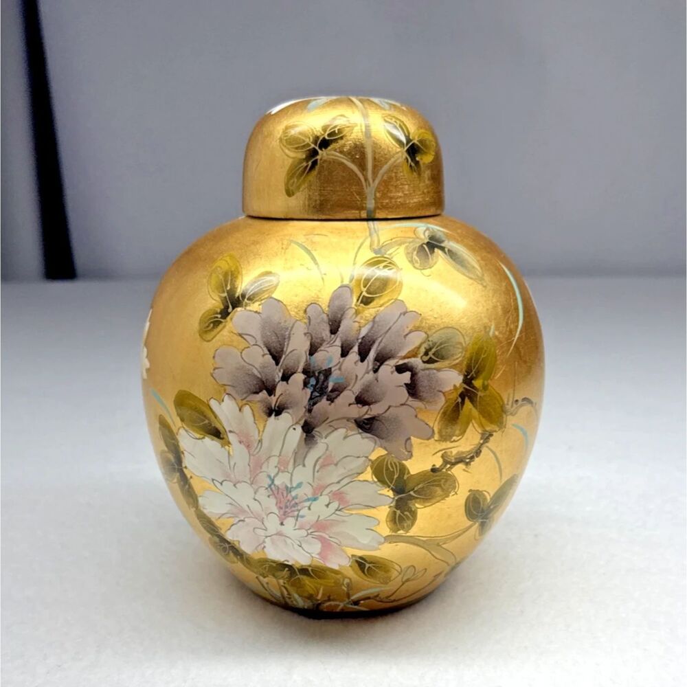 Hand Painted Gold Gilt Floral Ginger Jar Vase w Lid 8" Chinoiserie Decor